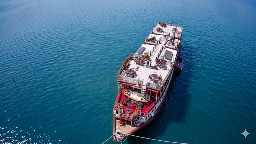 An aerial drone view of the Queen Tara riverboat with vibrant red decks, anchored in deep blue water on Tonle Sap Lake.